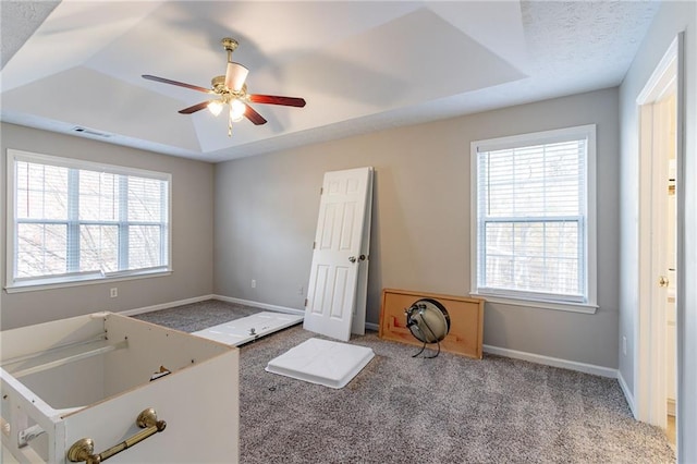 interior space featuring a healthy amount of sunlight, light colored carpet, and a tray ceiling