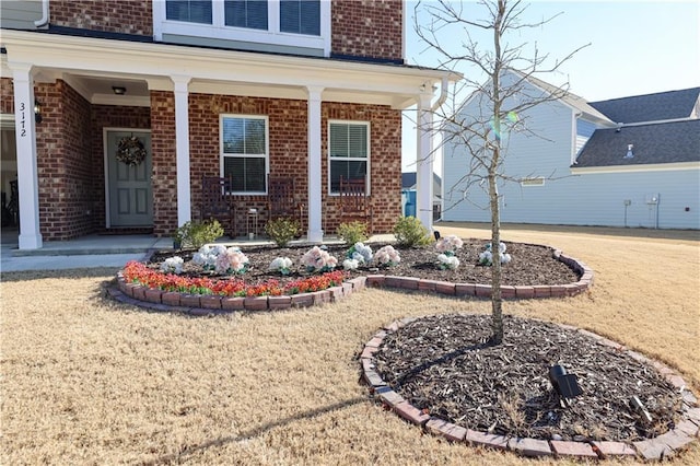 view of exterior entry with a porch and a yard