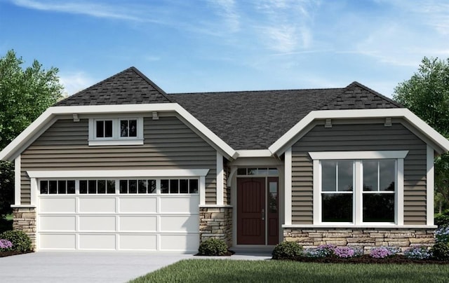 view of front of property with concrete driveway, stone siding, and roof with shingles