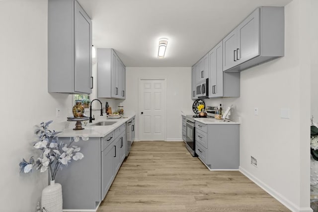 kitchen with appliances with stainless steel finishes, gray cabinets, light hardwood / wood-style flooring, and sink