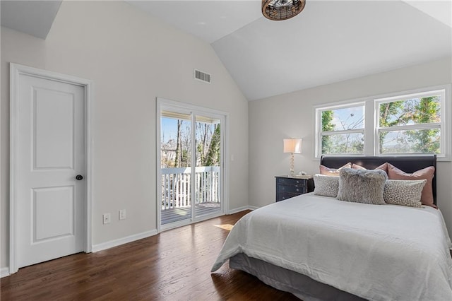 bedroom featuring access to exterior, visible vents, baseboards, vaulted ceiling, and wood finished floors