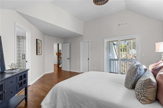 bedroom with access to exterior, visible vents, dark wood-type flooring, baseboards, and vaulted ceiling