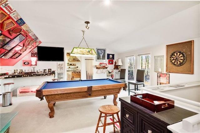 rec room with lofted ceiling, carpet, and billiards