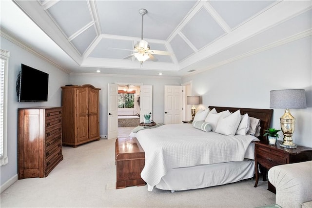 bedroom featuring ornamental molding, light colored carpet, ceiling fan, and ensuite bath