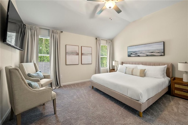 carpeted bedroom featuring ceiling fan and lofted ceiling