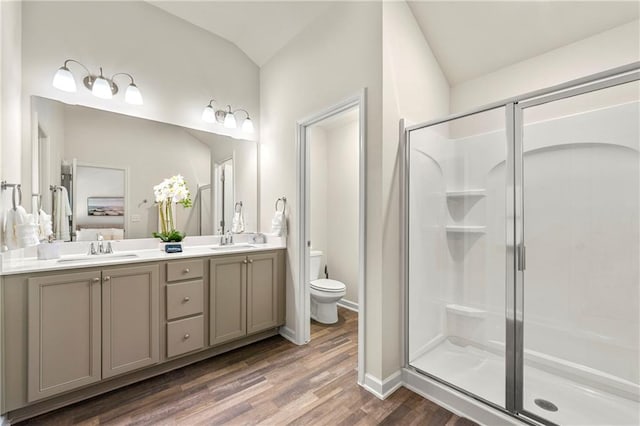 bathroom featuring toilet, double vanity, hardwood / wood-style floors, and vaulted ceiling