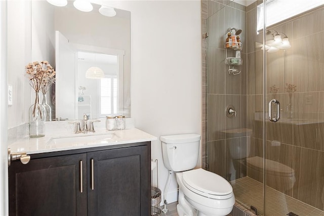 bathroom featuring vanity, a shower stall, and toilet