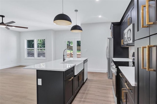 kitchen featuring light hardwood / wood-style flooring, an island with sink, appliances with stainless steel finishes, pendant lighting, and sink