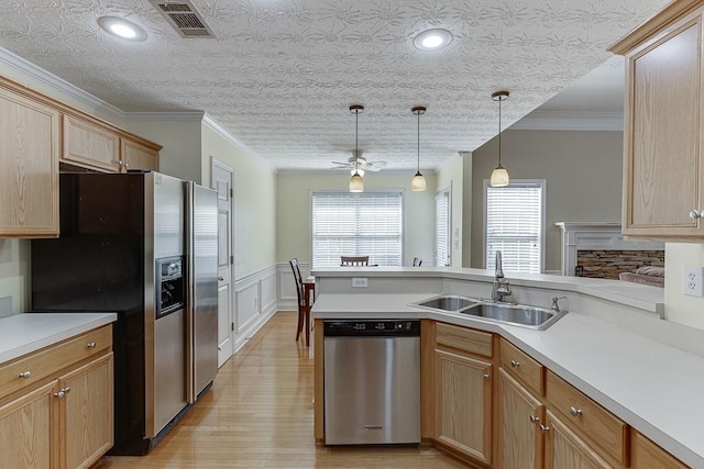 6485 Flowery Way, Flowery Branch, GA 30542 - kitchen with appliances with stainless steel finishes, a sink, light wood-type flooring, light countertops, and a wainscoted wall