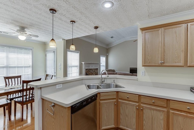 6485 Flowery Way, Flowery Branch, GA 30542 - kitchen featuring stainless steel dishwasher, a ceiling fan, a sink, ornamental molding, and vaulted ceiling