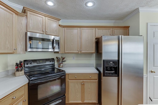 6485 Flowery Way, Flowery Branch, GA 30542 - kitchen featuring appliances with stainless steel finishes, light countertops, ornamental molding, recessed lighting, and light brown cabinets