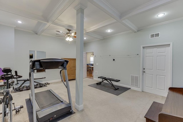6485 Flowery Way, Flowery Branch, GA 30542 - workout room with crown molding, a ceiling fan, coffered ceiling, light carpet, and baseboards