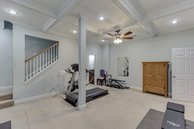 6485 Flowery Way, Flowery Branch, GA 30542 - workout area with coffered ceiling, crown molding, baseboards, a ceiling fan, and carpet flooring