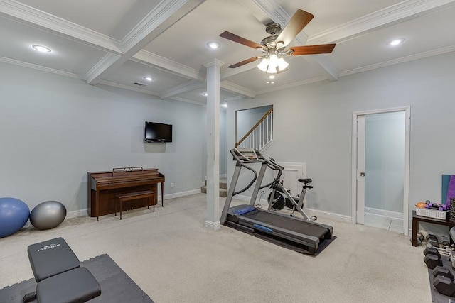 6485 Flowery Way, Flowery Branch, GA 30542 - workout room featuring ornamental molding, coffered ceiling, ceiling fan, baseboards, and recessed lighting