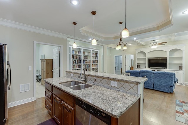 6485 Flowery Way, Flowery Branch, GA 30542 - kitchen featuring stainless steel appliances, a sink, light wood finished floors, ornamental molding, and light stone countertops