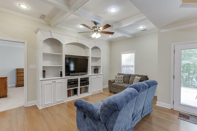 6485 Flowery Way, Flowery Branch, GA 30542 - living room featuring a ceiling fan, light wood-type flooring, crown molding, coffered ceiling, and beamed ceiling