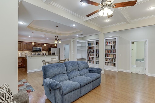 6485 Flowery Way, Flowery Branch, GA 30542 - living area with crown molding, light wood finished floors, a ceiling fan, recessed lighting, and a raised ceiling