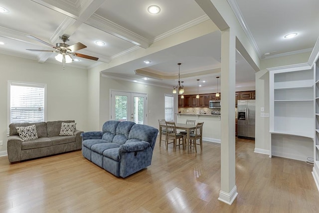 6485 Flowery Way, Flowery Branch, GA 30542 - living room with a ceiling fan, ornamental molding, light wood finished floors, french doors, and recessed lighting