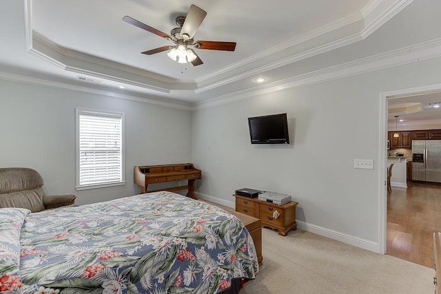 6485 Flowery Way, Flowery Branch, GA 30542 - bedroom featuring stainless steel refrigerator with ice dispenser, a tray ceiling, crown molding, baseboards, and a ceiling fan