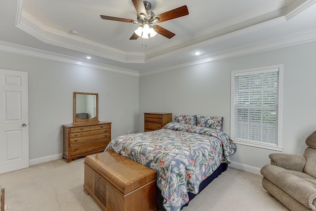 6485 Flowery Way, Flowery Branch, GA 30542 - bedroom with light colored carpet, a tray ceiling, crown molding, baseboards, and a ceiling fan
