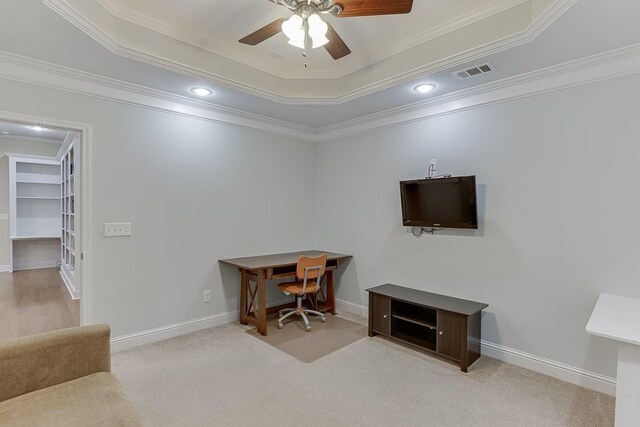 6485 Flowery Way, Flowery Branch, GA 30542 - carpeted office with crown molding, ceiling fan, a tray ceiling, baseboards, and recessed lighting