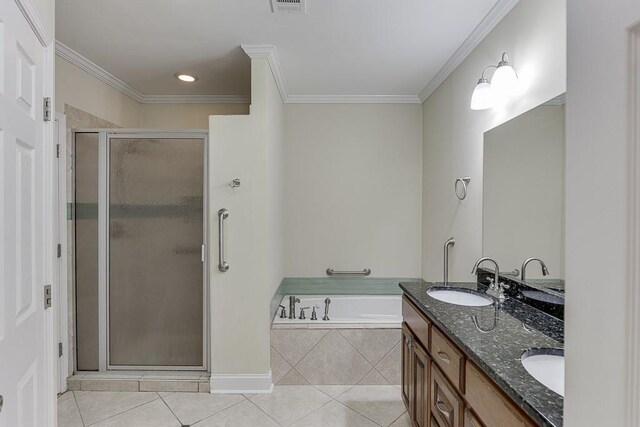 6485 Flowery Way, Flowery Branch, GA 30542 - full bathroom with a stall shower, double vanity, a bath, tile patterned flooring, and ornamental molding
