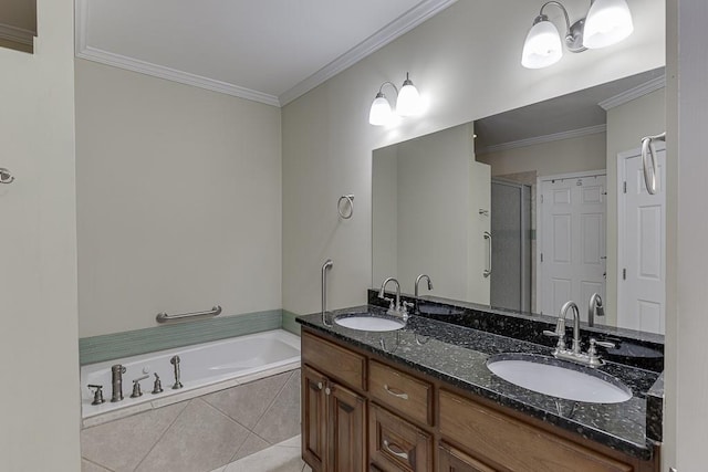 6485 Flowery Way, Flowery Branch, GA 30542 - full bath with ornamental molding, a garden tub, double vanity, a stall shower, and tile patterned floors