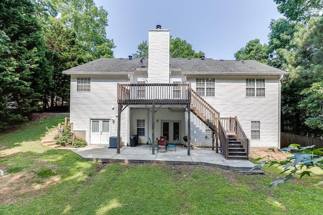 6485 Flowery Way, Flowery Branch, GA 30542 - back of house with french doors, stairs, a wooden deck, a patio area, and a chimney