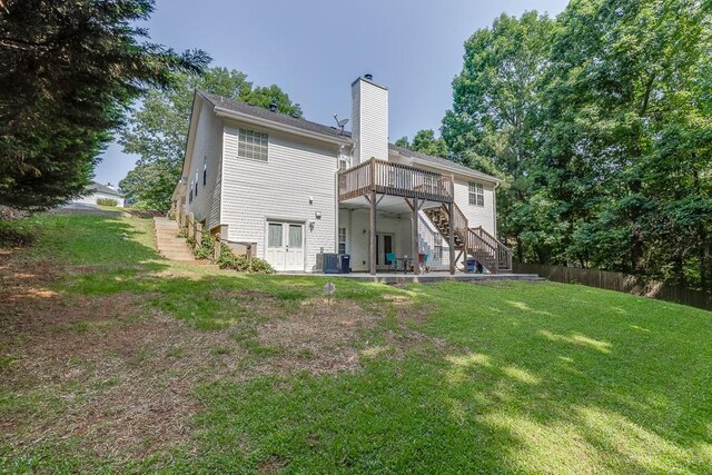 6485 Flowery Way, Flowery Branch, GA 30542 - rear view of property with stairs, a deck, a chimney, central AC, and a patio area