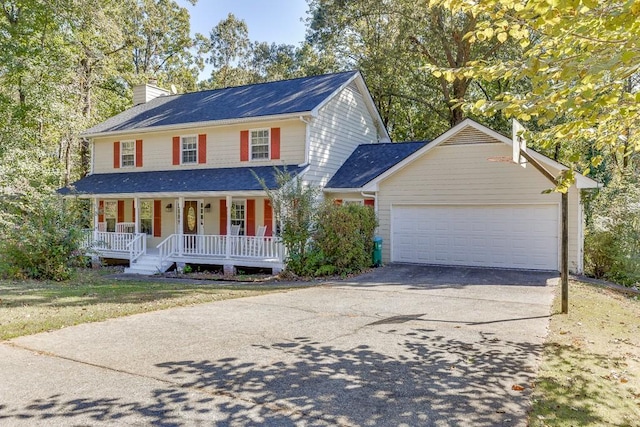 view of front of property featuring a porch, driveway, an attached garage, and a chimney