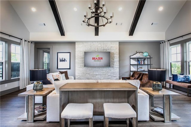 living room with beamed ceiling, dark hardwood / wood-style floors, breakfast area, and high vaulted ceiling