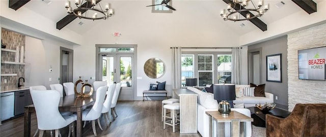 dining space featuring dark hardwood / wood-style floors, beamed ceiling, french doors, and high vaulted ceiling