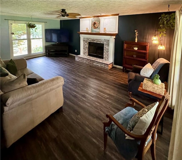 4114 Falcon Shores Ct NW, Acworth, GA 30101 - living room with a ceiling fan, wood finished floors, a fireplace, and a textured ceiling