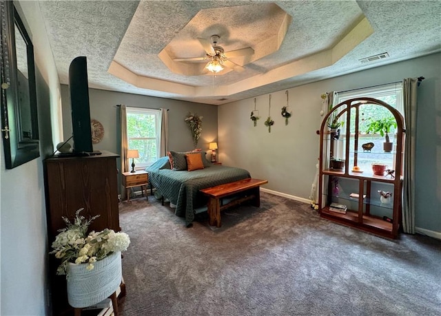 4114 Falcon Shores Ct NW, Acworth, GA 30101 - carpeted bedroom featuring a raised ceiling, a textured ceiling, and a ceiling fan