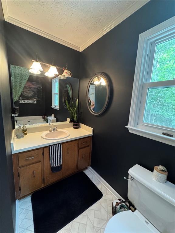 4114 Falcon Shores Ct NW, Acworth, GA 30101 - half bath featuring ornamental molding, vanity, and a textured ceiling
