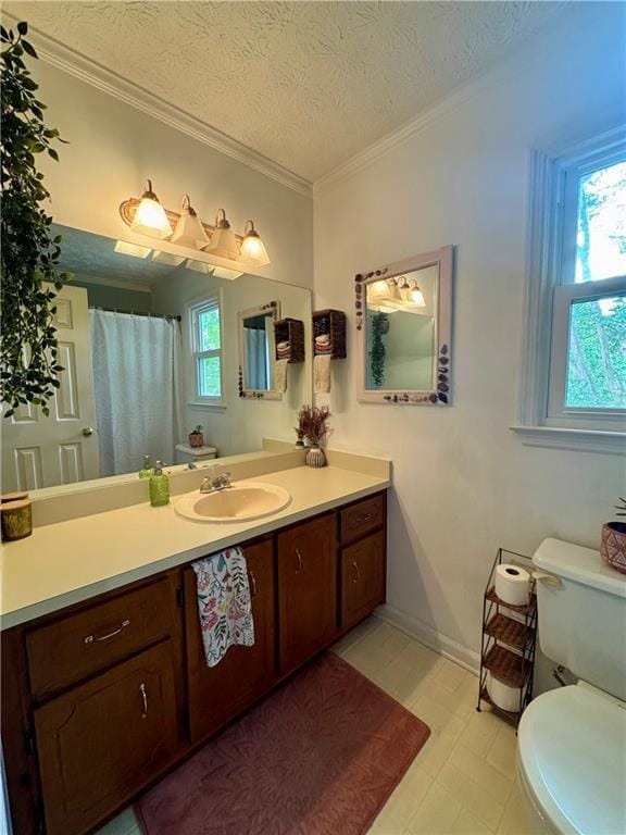 4114 Falcon Shores Ct NW, Acworth, GA 30101 - full bathroom featuring vanity, ornamental molding, a textured ceiling, and curtained shower