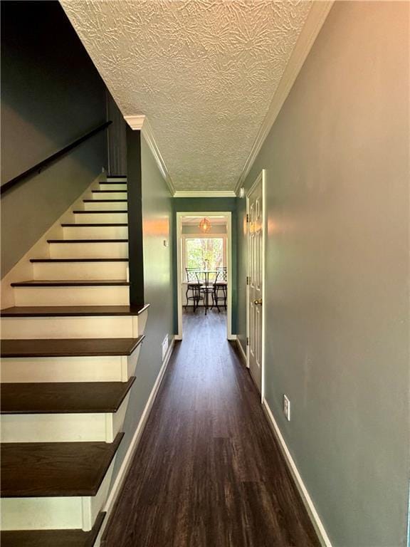 4114 Falcon Shores Ct NW, Acworth, GA 30101 - corridor with dark wood finished floors, a textured ceiling, ornamental molding, and stairway