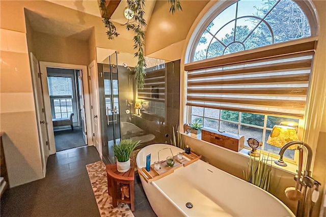 bathroom featuring plenty of natural light and independent shower and bath