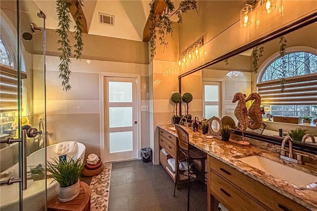 bathroom featuring vanity, plenty of natural light, and a shower with shower door