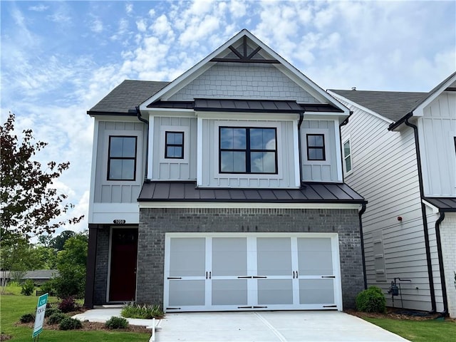 1059 Crest Mill Dr, Marietta, GA 30008 - view of front of house featuring a standing seam roof, board and batten siding, driveway, an attached garage, and brick siding