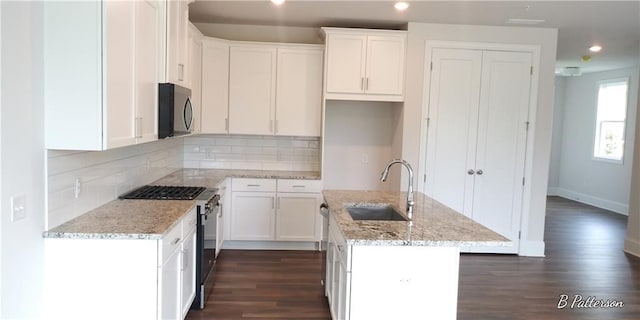 1059 Crest Mill Dr, Marietta, GA 30008 - kitchen featuring stainless steel appliances, an island with sink, decorative backsplash, white cabinetry, and recessed lighting