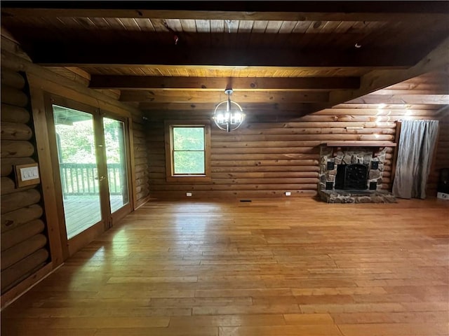 unfurnished living room with beam ceiling, wood-type flooring, and wooden ceiling