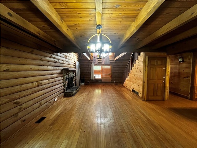 unfurnished living room with beam ceiling, wooden ceiling, and wood-type flooring