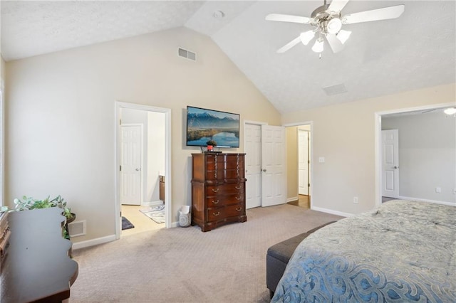 bedroom featuring visible vents, carpet floors, high vaulted ceiling, and baseboards