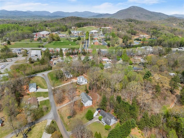 bird's eye view with a view of trees, a mountain view, and a residential view