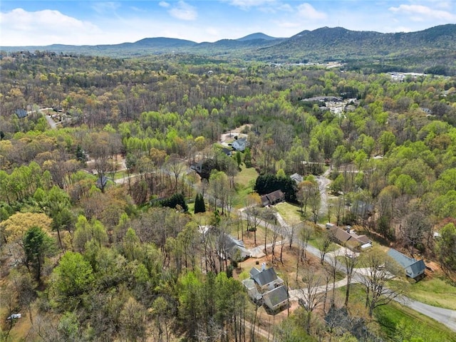 birds eye view of property featuring a forest view and a mountain view