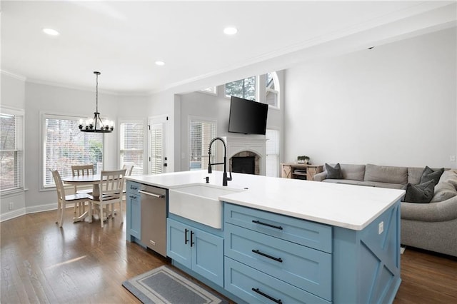 kitchen featuring stainless steel dishwasher, a fireplace, dark wood-style flooring, and a sink