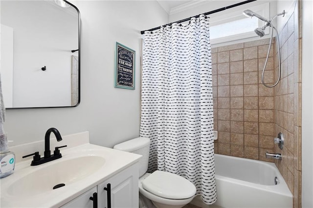 bathroom with vanity, shower / bath combo with shower curtain, toilet, and crown molding