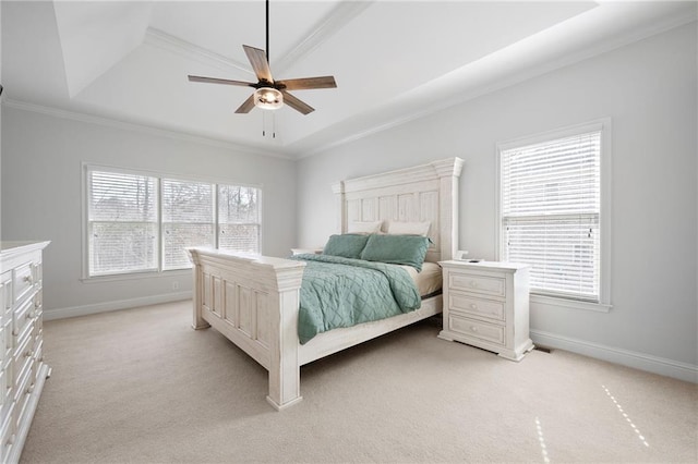 bedroom with ceiling fan, baseboards, ornamental molding, and light colored carpet