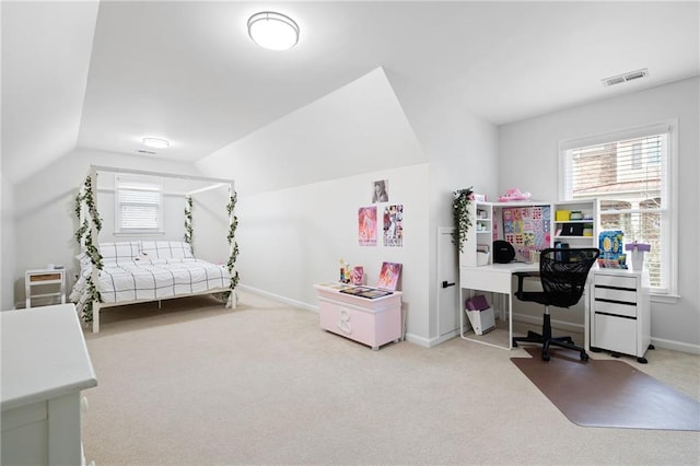 bedroom featuring lofted ceiling, carpet flooring, visible vents, and baseboards